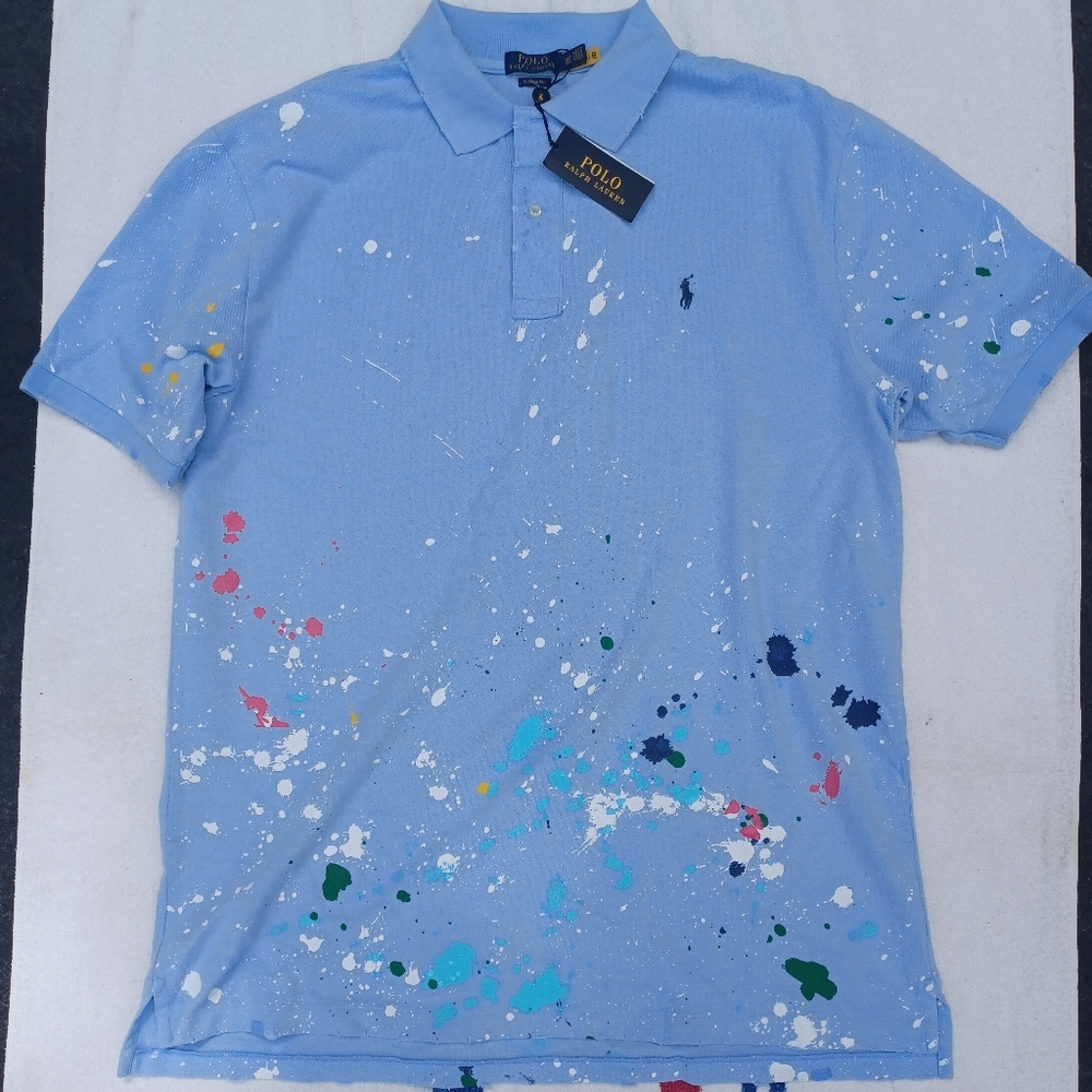 Polo Ralph Lauren Mens XLT Light Blue Distressed Paint Splatter Polo Shirt NWT